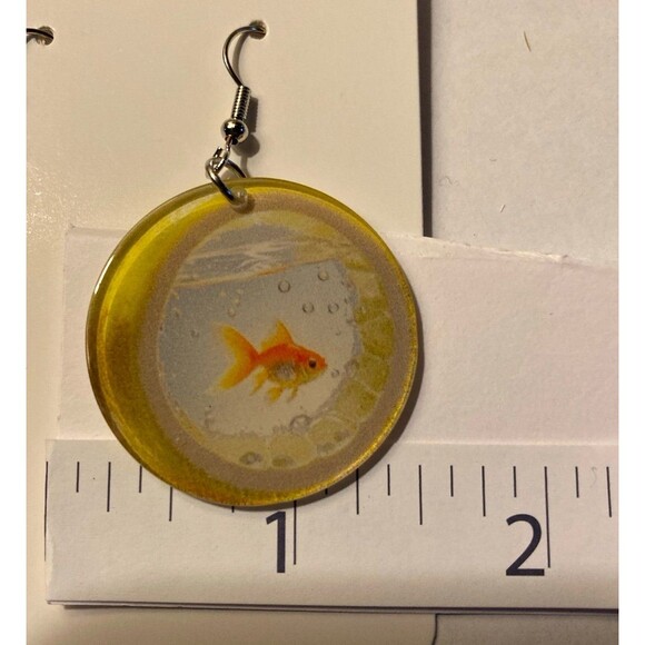Earrings Goldfish In Yellow Aquarium Round Dangle Whimsical Funny Quirky Modern - Picture 6 of 6